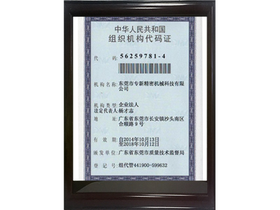 專新精密組織機構代碼證正面